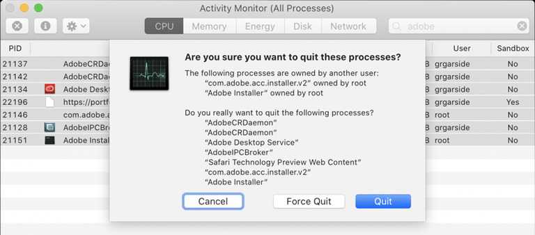 activity monito quit process