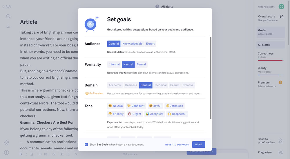 Grammarly goals